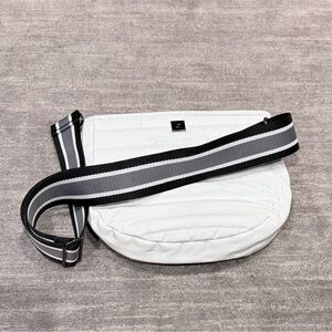 The Mercer Crossbody White Patent Quilted Crossbody with Black/Grey/White strap